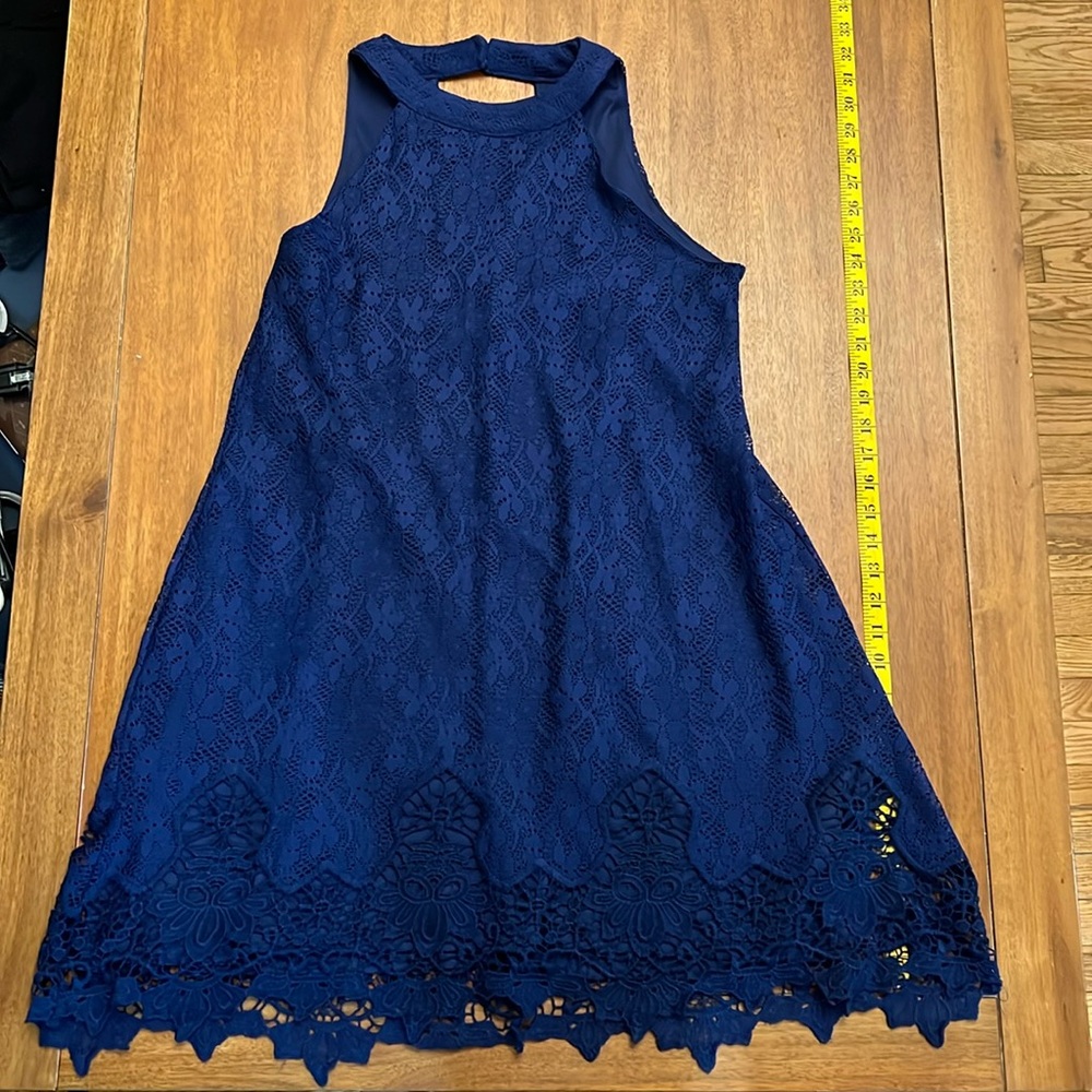 Mi Ami Navy Blue Embroidered Fit & Flare Dress – Size M